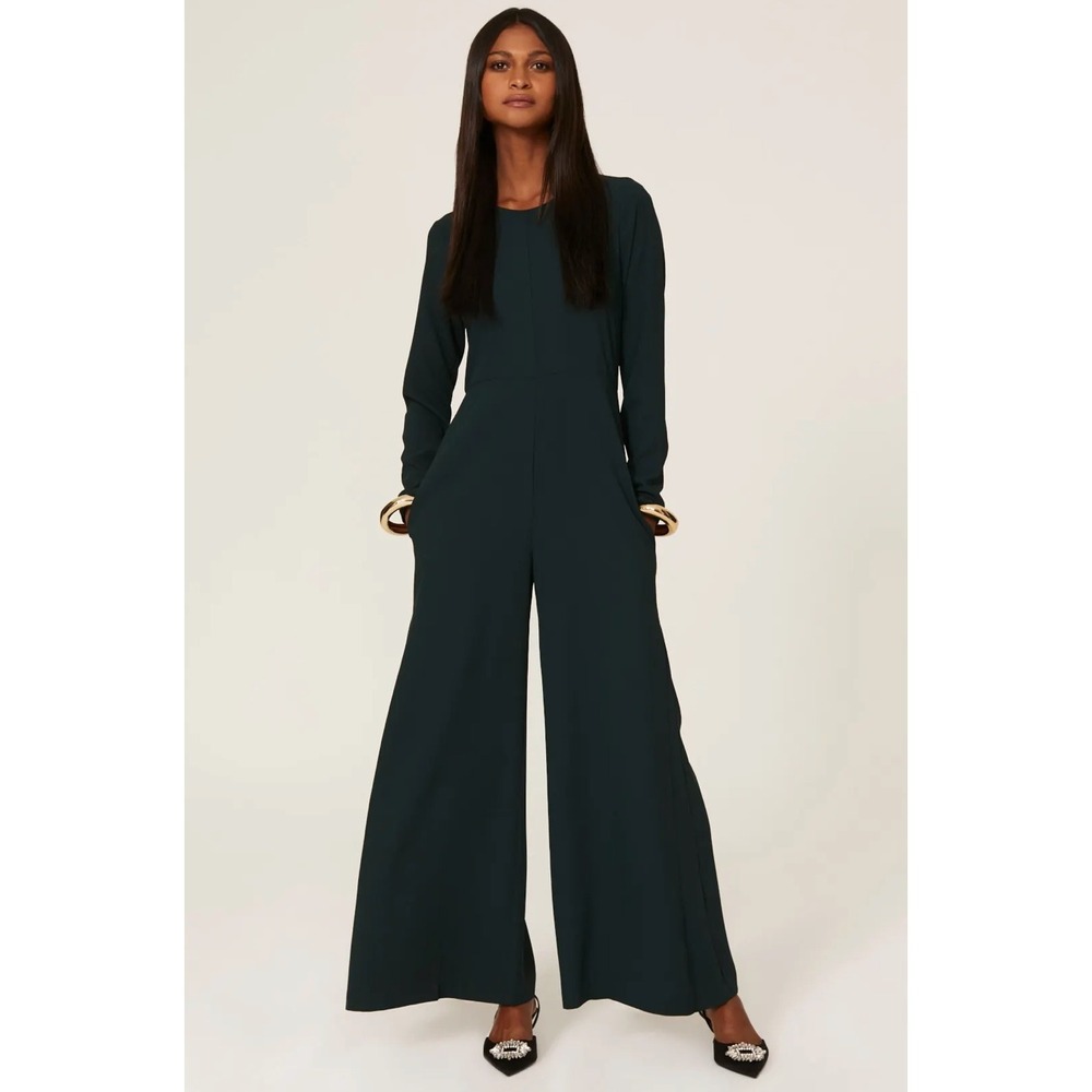 Adam Lippes Green Jumpsuit Long Sleeve Wide Leg Crepe Career Casual Sz 6